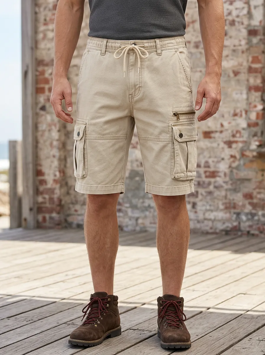 Men's Khaki Multi-Pocket Drawstring Cargo Shorts
