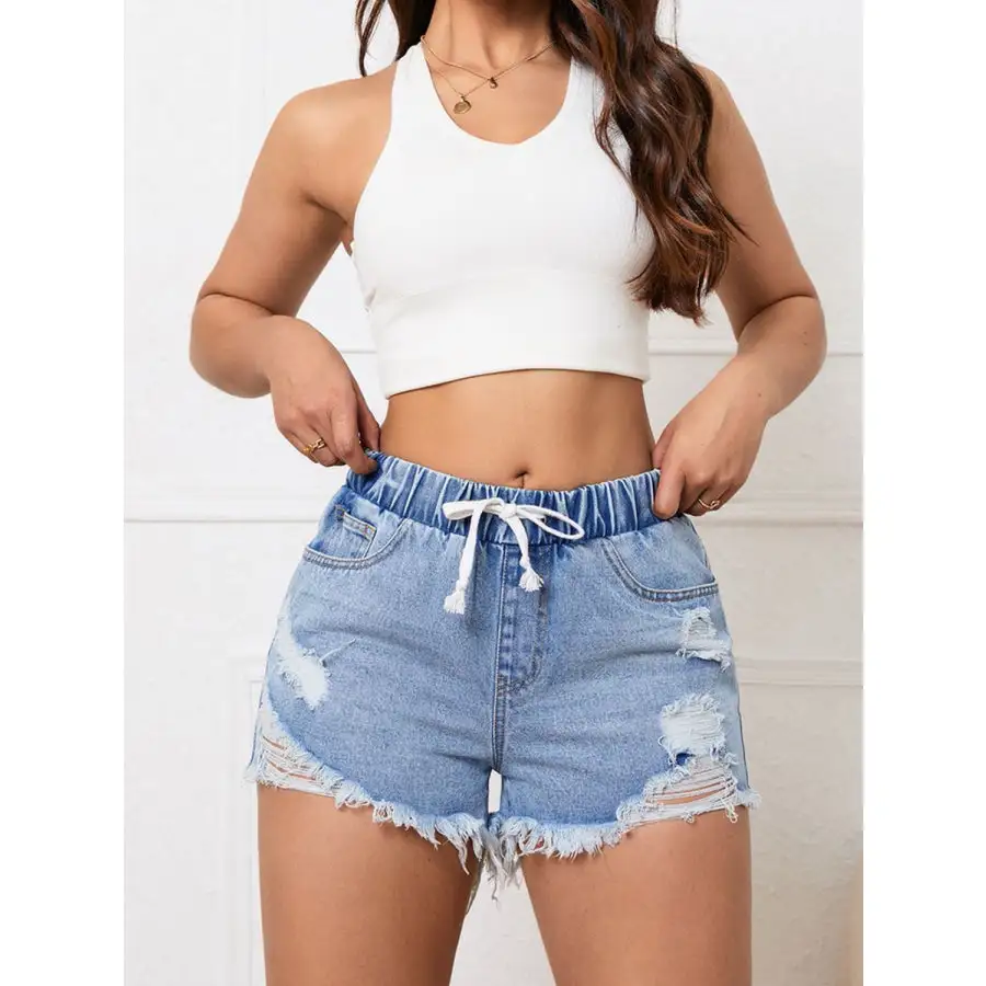 Distressed Drawstring Raw Hem Denim Shorts