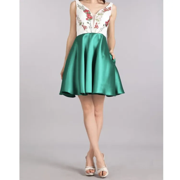 Mini Length Fit and Flare Dress with Embroidered Lace Bodice and Rhinestones