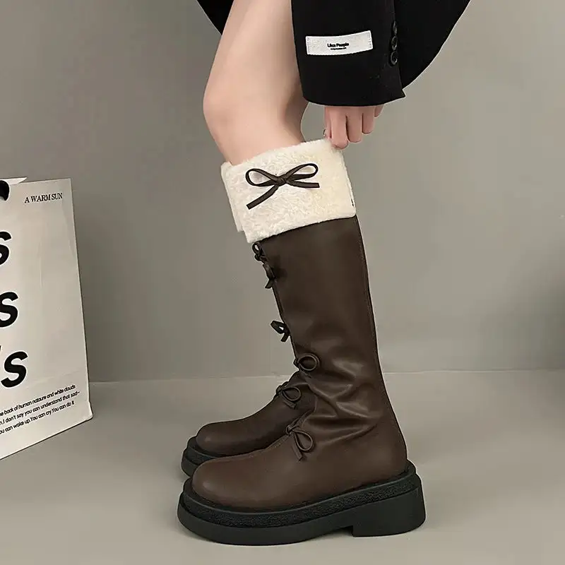 Plush-Lined Round-Toe Square-Heel Knee-High Boots