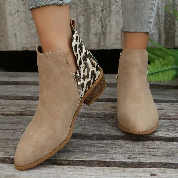 Leopard Point Toe Block Heels Boots