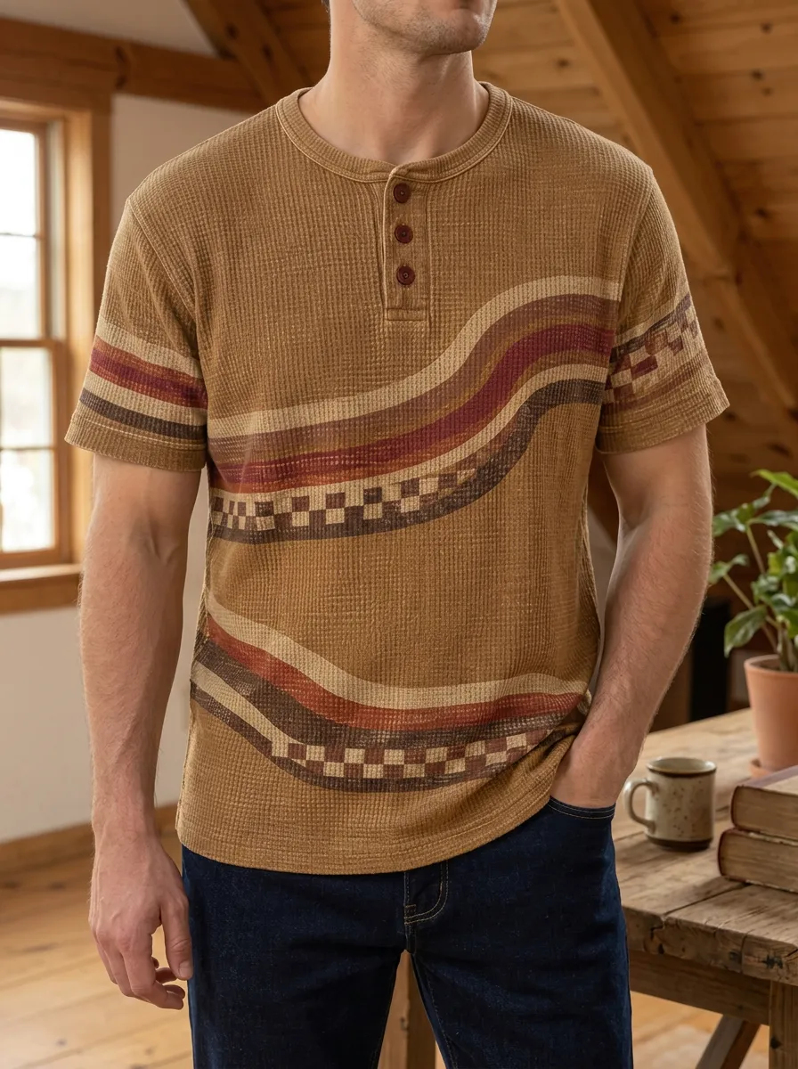 Men's Waffle Knit Geometric Stripe Printed Henley T-shirt