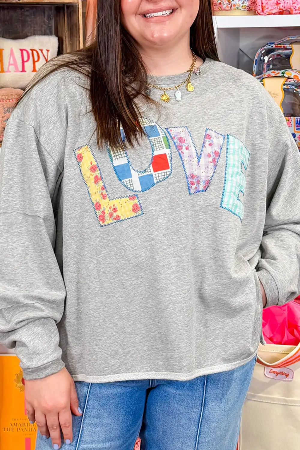 Round Neck Embroidery Relaxed Cotton Blend Long Sleeve Top