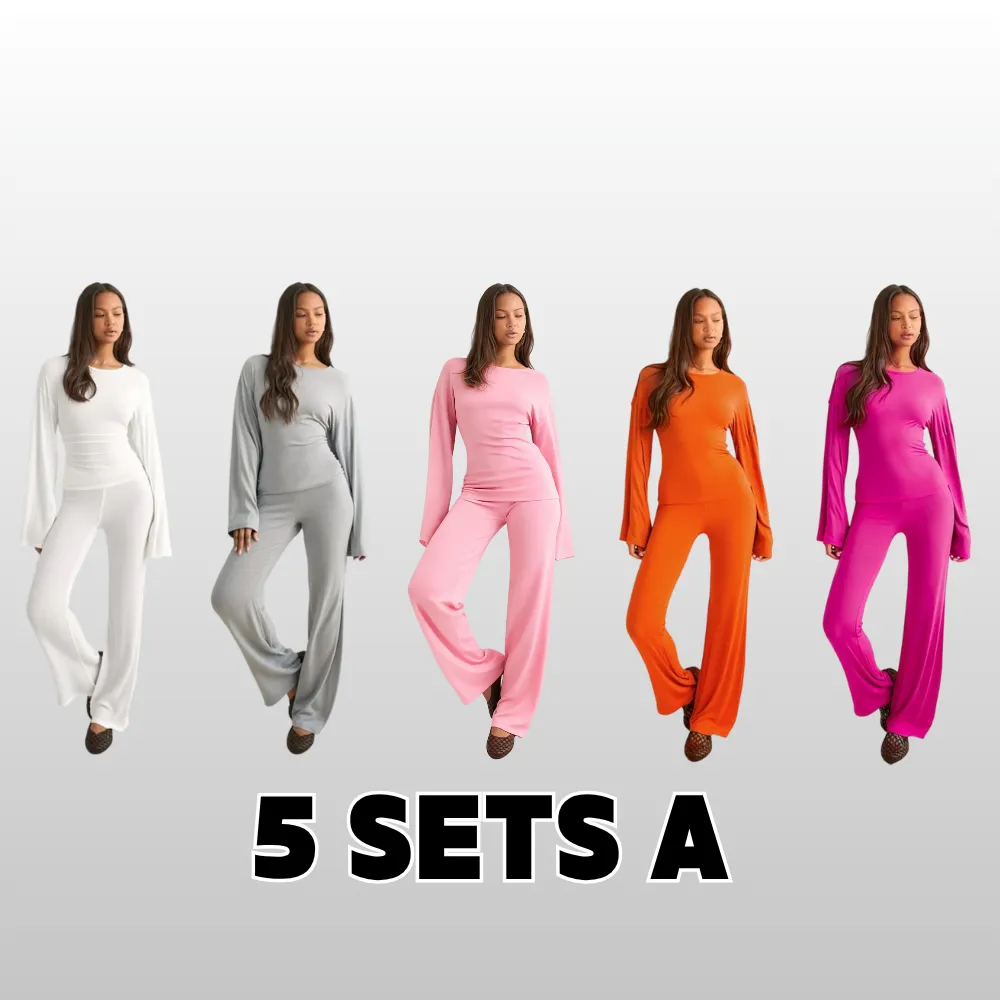 Women's Fall New Round Neck Flare Long Sleeve Top & Elastic Waist Straight Leg Pants Set