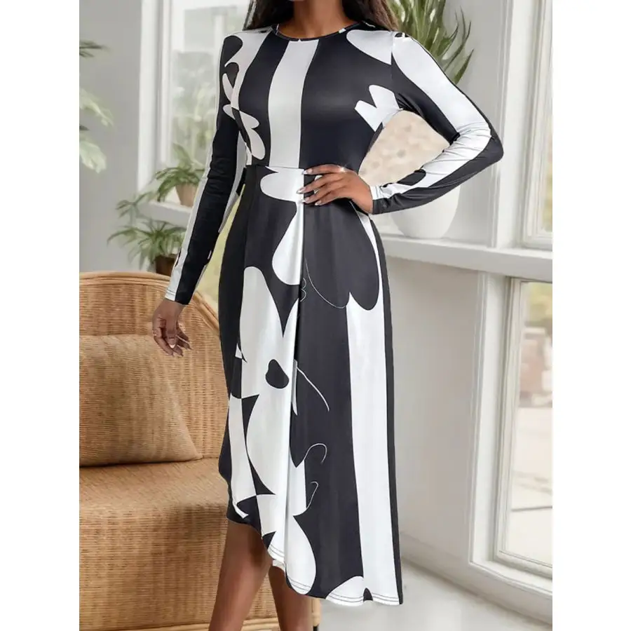 Asymmetrical Slit Round Neck Long Sleeve Midi Dress