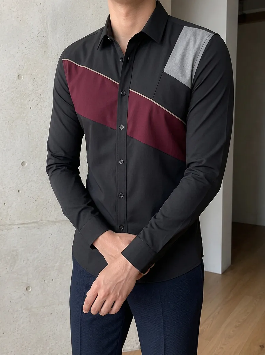 Men's Color Block Burgundy Grey Patchwork Slim Fit Shirt
