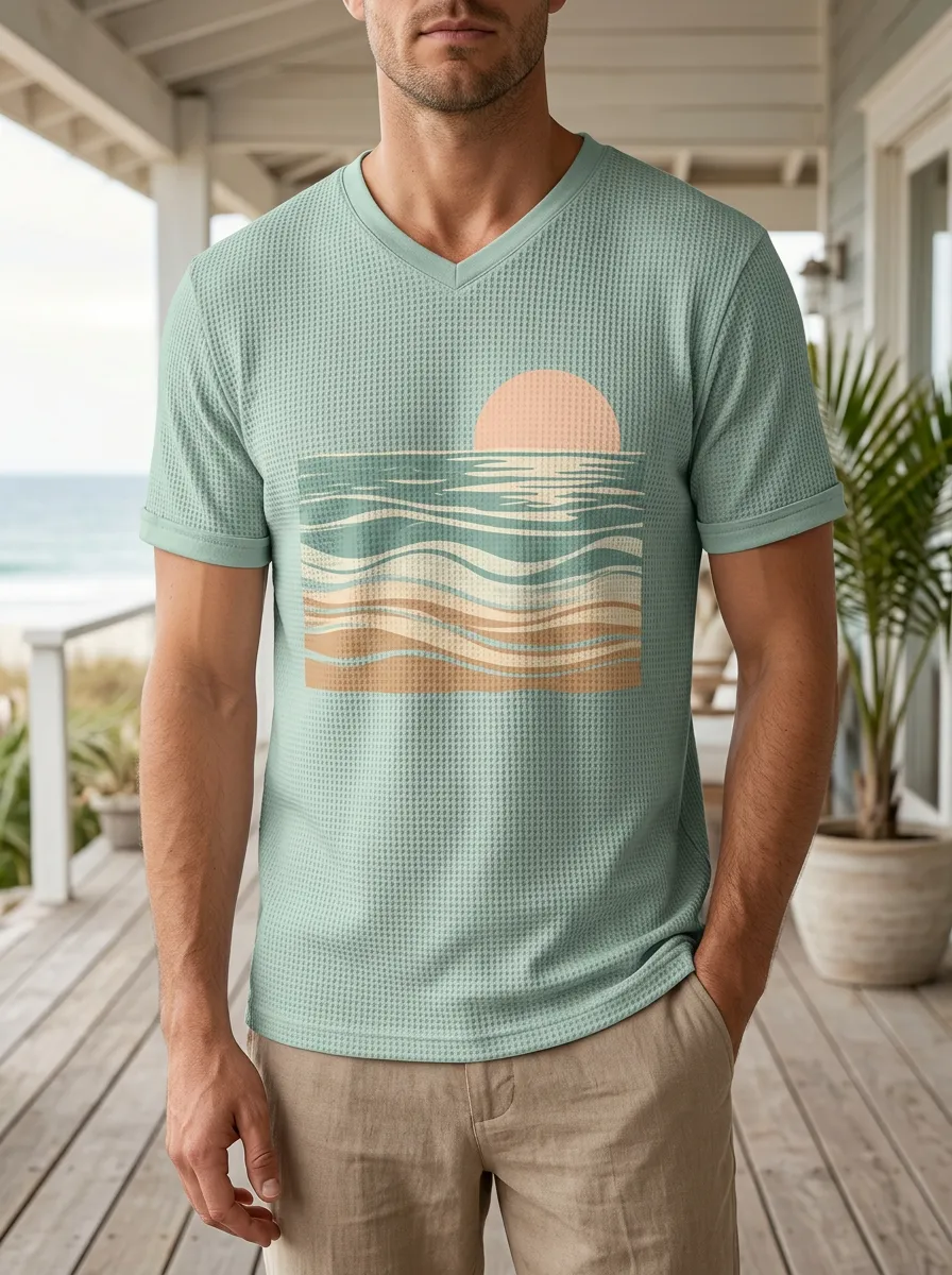 Men's Beach Lover Sunset Ocean Waves Printed V-Neck T-Shirt
