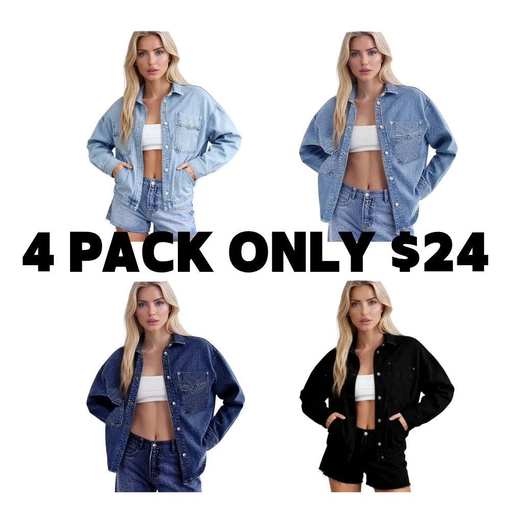 Women's Plain Button Front Drop Shoulder Curved Hem Denim Jacket