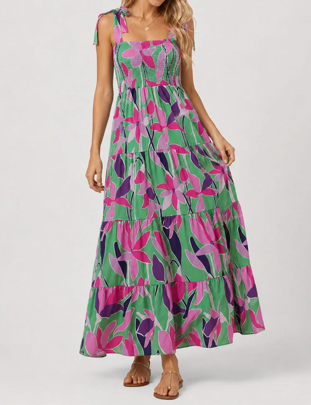 Abstract Smocked Strap Square Neck Midi Dress