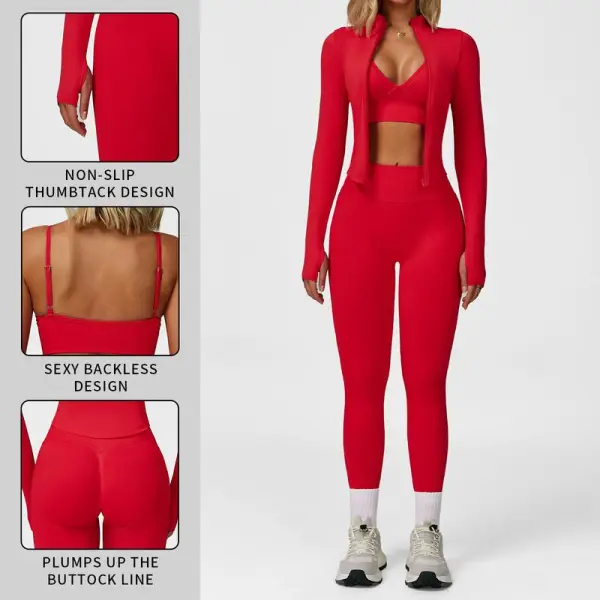 Women'S Solid Color Cross-Strap Short Sports Tank Top, High-Waisted Sports Pants And Zip-Up Short Jacket Sports Set