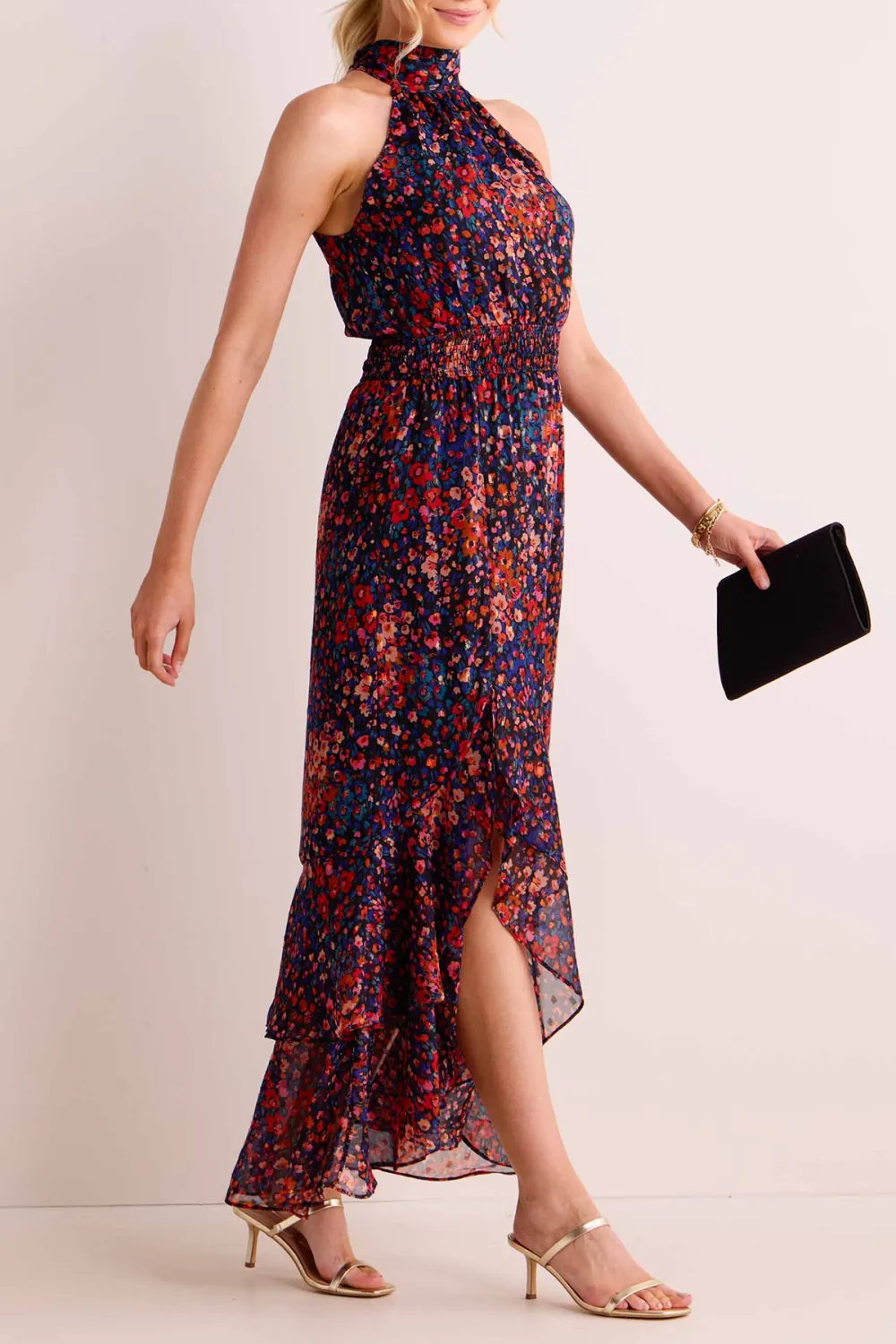 Floral Print Halter Neck Asymmetric Dress