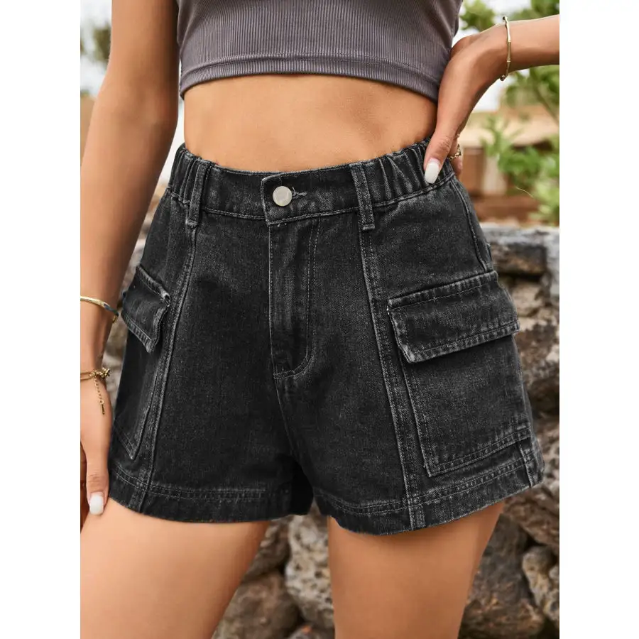 Textured High Waist Denim Shorts with Pockets