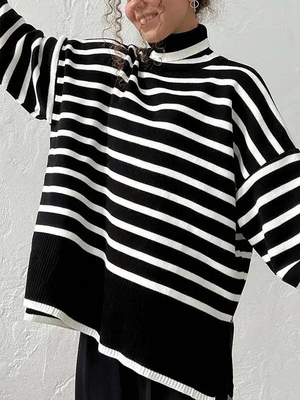 Striped High Low Split Hem Paneled High Neck Sweater
