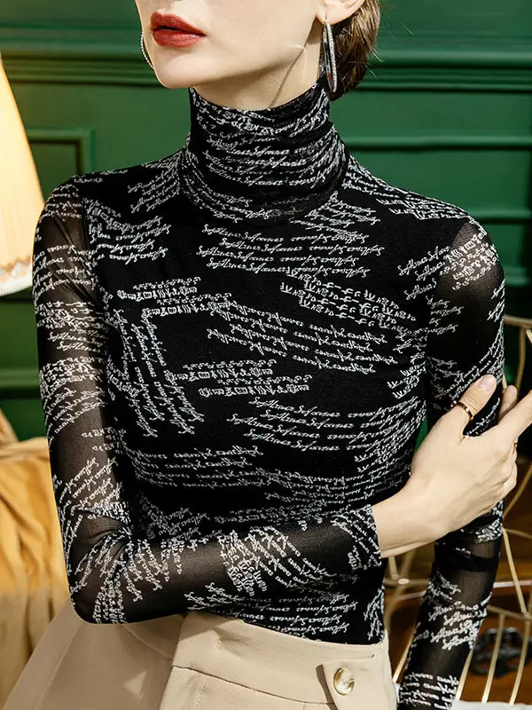 Long Sleeve Slim Fit Gauze Letter Print High Neck T-Shirt