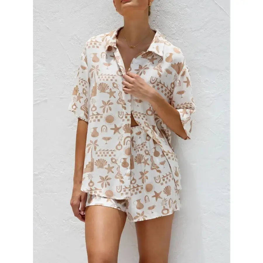Printed Button Down Short Sleeve Top and Shorts Set