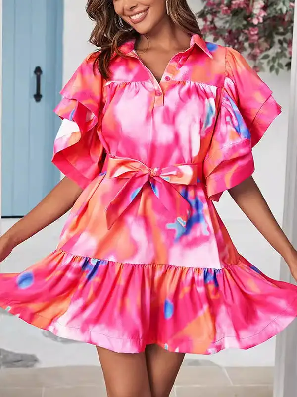 Relaxed Ruffle Sleeve Buttoned Leaves Print Split Joint Tied Waist Tie