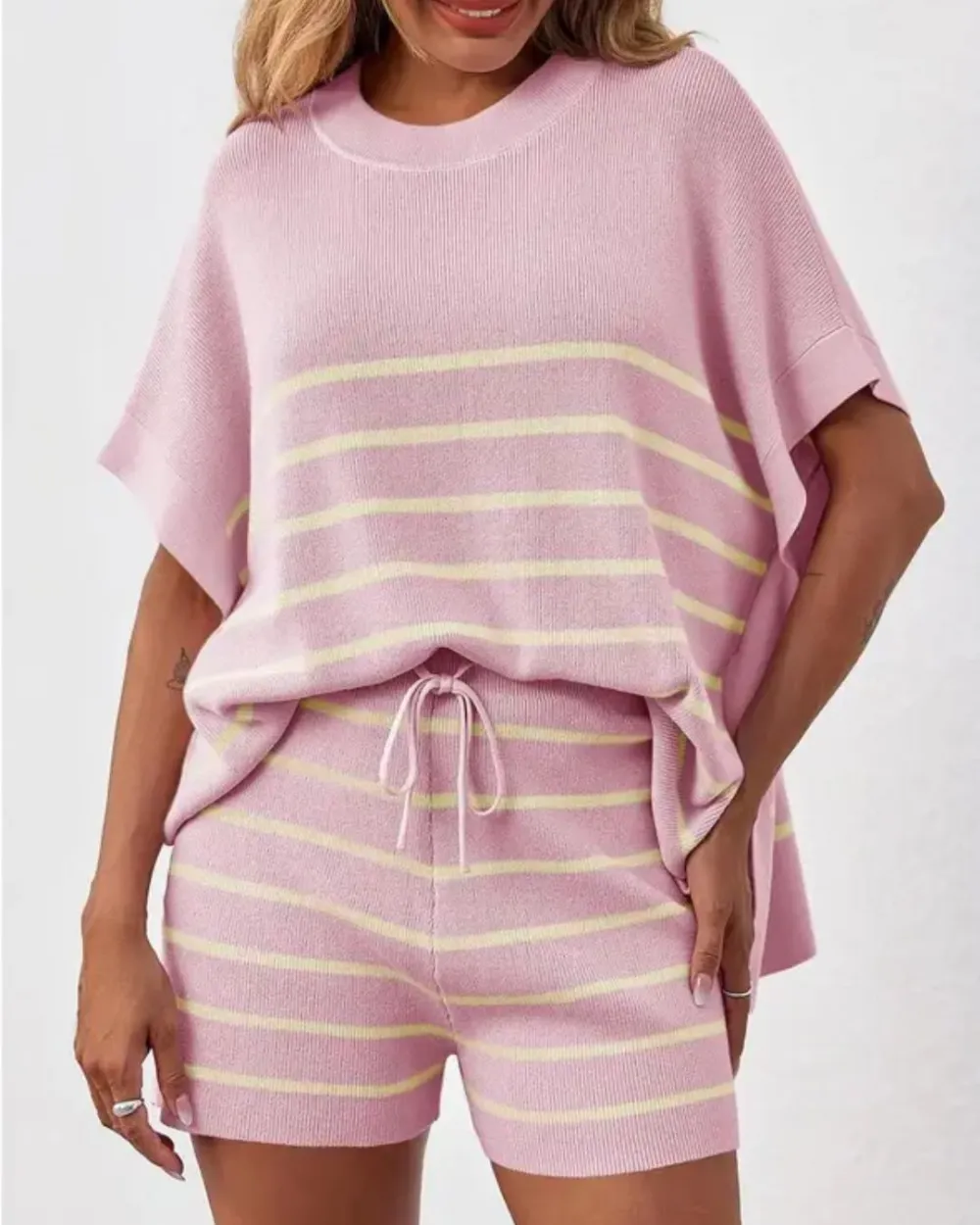 Striped Batwing Top and High-Waist Shorts Two-Piece Lounge Set