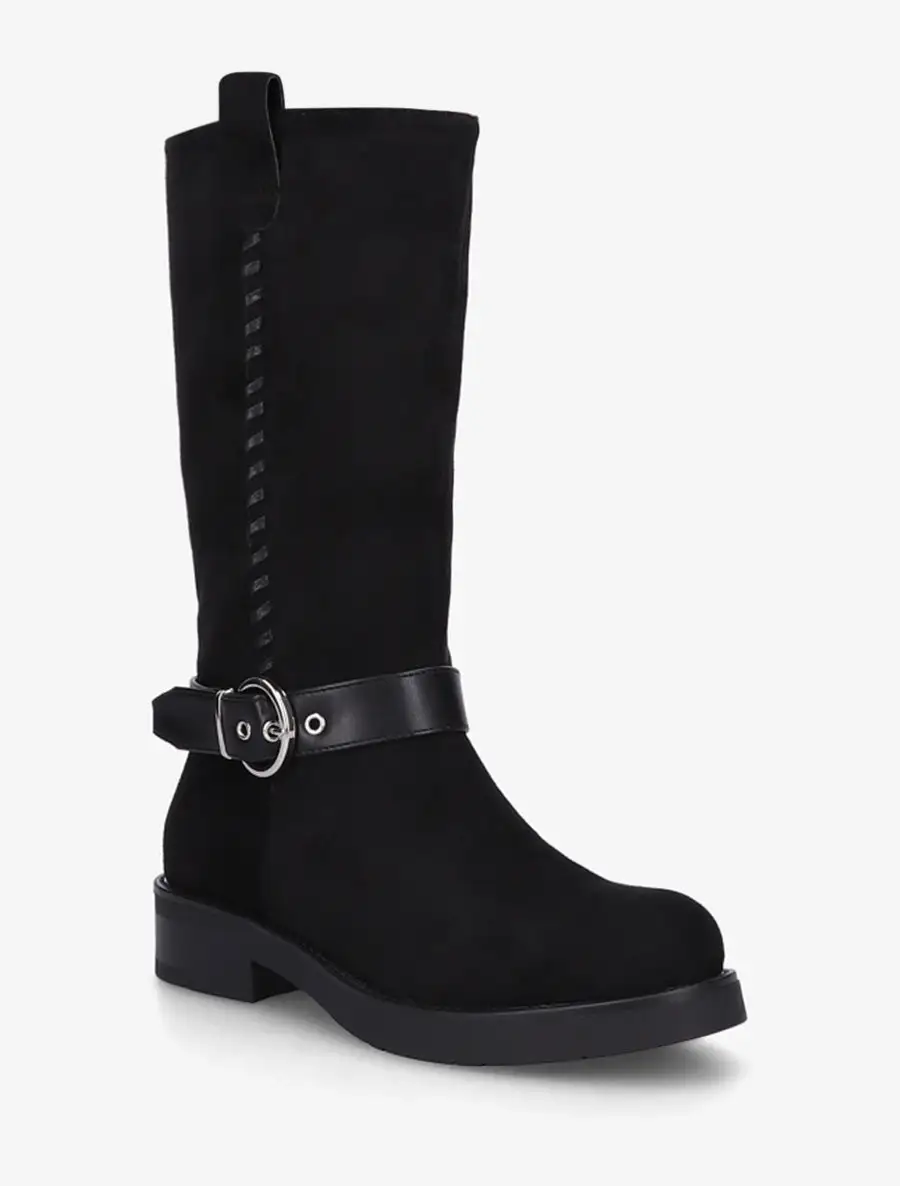 Classic Strap Detail Block Heel Faux Suede Knee High Boots