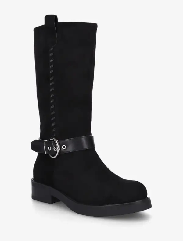 Classic Strap Detail Block Heel Faux Suede Knee High Boots