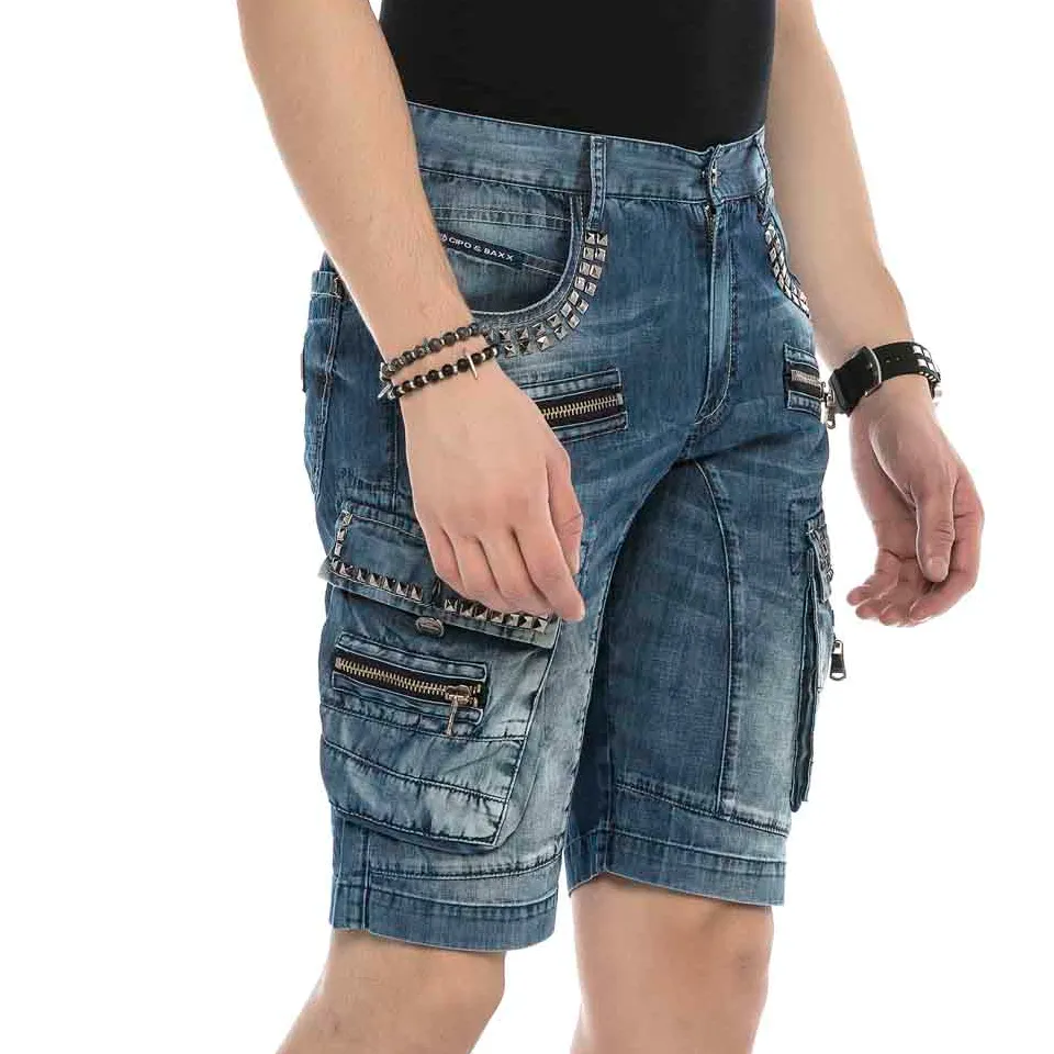 Cargo Pocket Stud Detail Denim Shorts