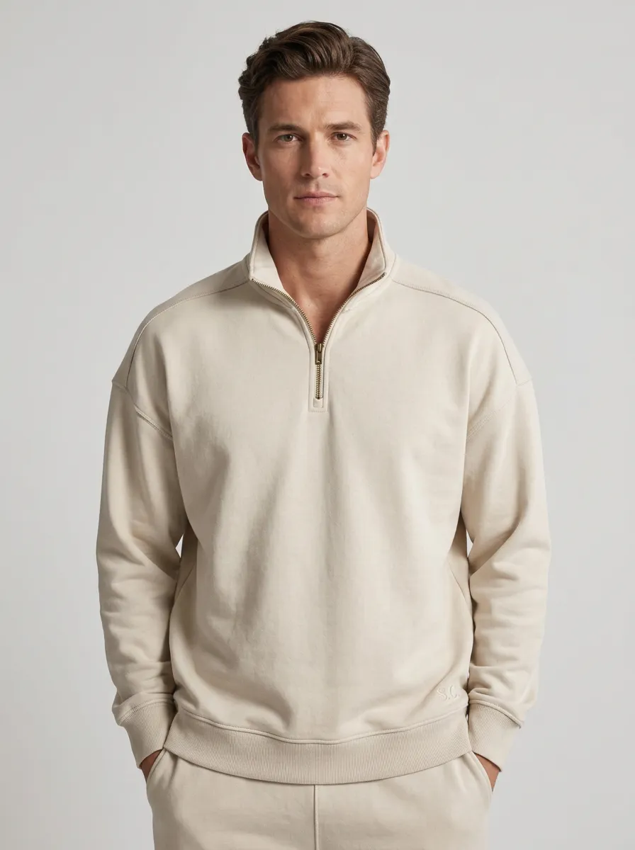 Men's Classic Minimalist Textured Embroidered Quarter-Zip Sweatshirt