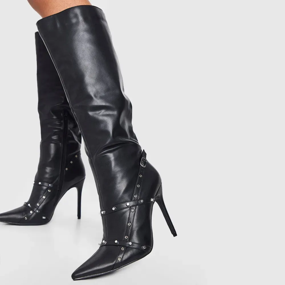 Faux-Leather Studded Buckle-Detail Zip-Up Knee-High Boots