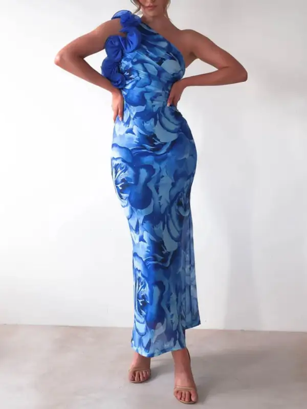 Floral Print One Shoulder Maxi Dress