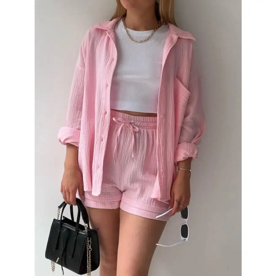 Relaxed Textured Button Up Shirt and Shorts Set
