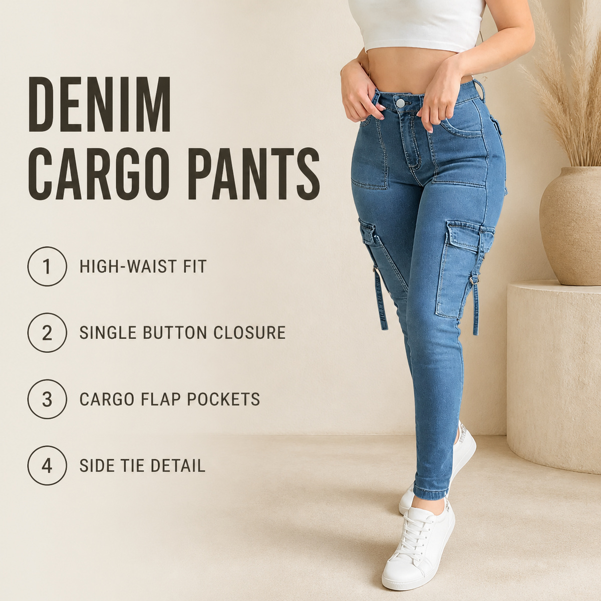 Multi-pocket denim cargo pants style overview