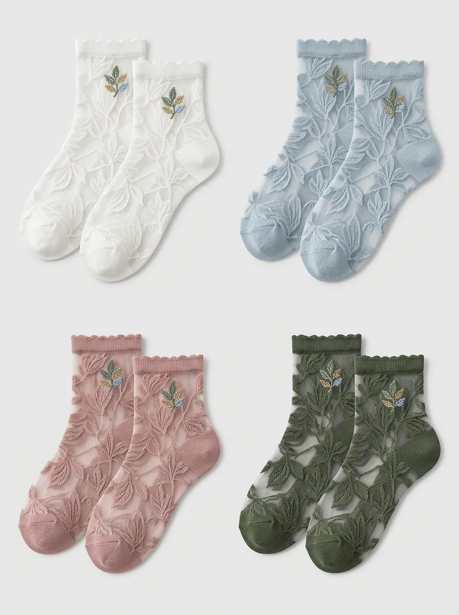 Women's Floral Botanical Sheer Mesh Embroidered Socks