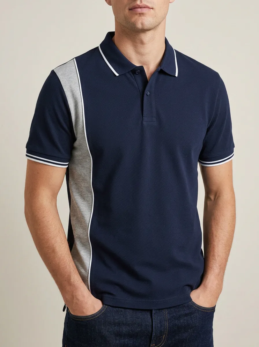 Men's Knit Ribbed Textured Colorblock Contrast-Panel Contrast-Piping Contrast-Trim Polo Shirt