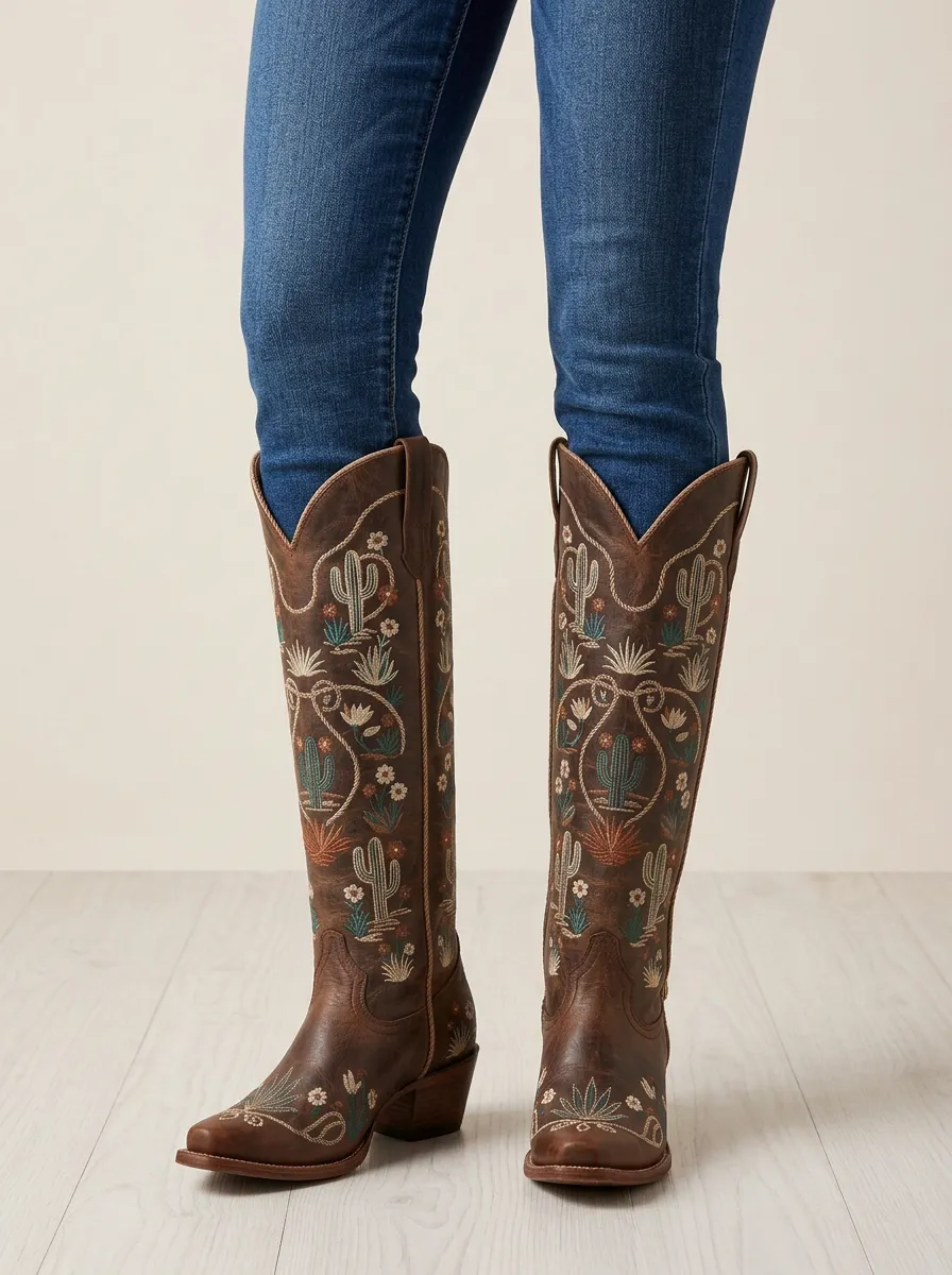 Women's Cactus Floral Embroidered Piped Pointed-Toe Block-Heel Western Denim Over-the-Knee Boots
