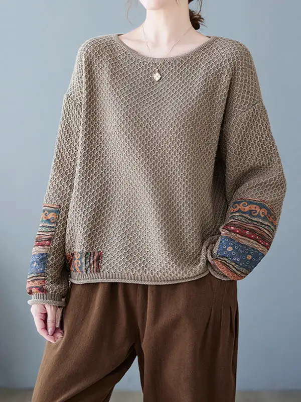 Printed Paneled Round Neck Long Sleeve Relaxed Fit Pullover Sweater