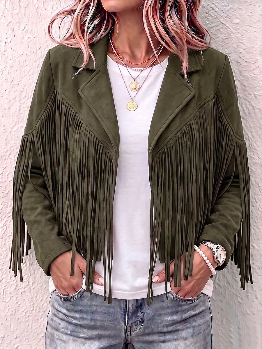 Women S Solid Color Lapel Long-sleeved Casual Loose Tassel Jacket