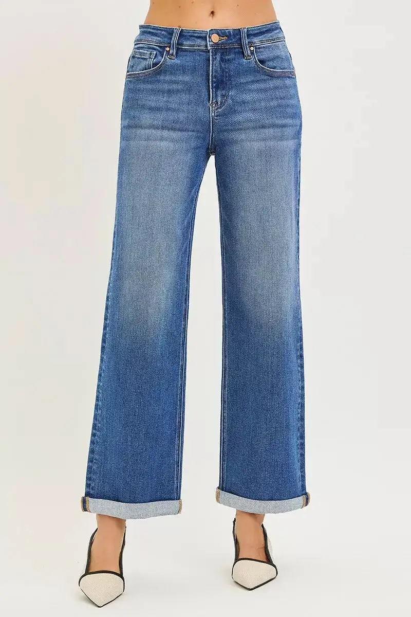 High-Rise Relaxed Washed Pocketed Straight Leg Jeans