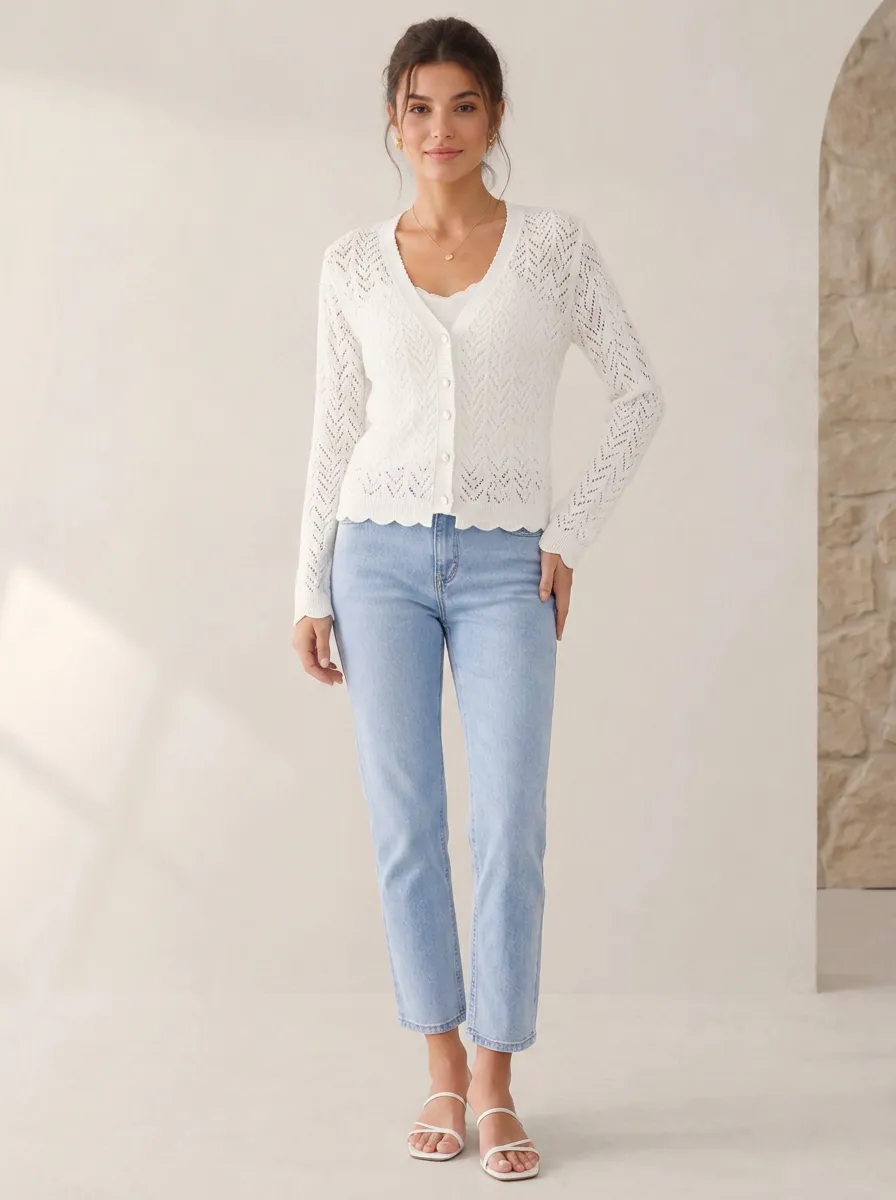 Women's Casual White Crochet Knit V-Neck Button Cardigan