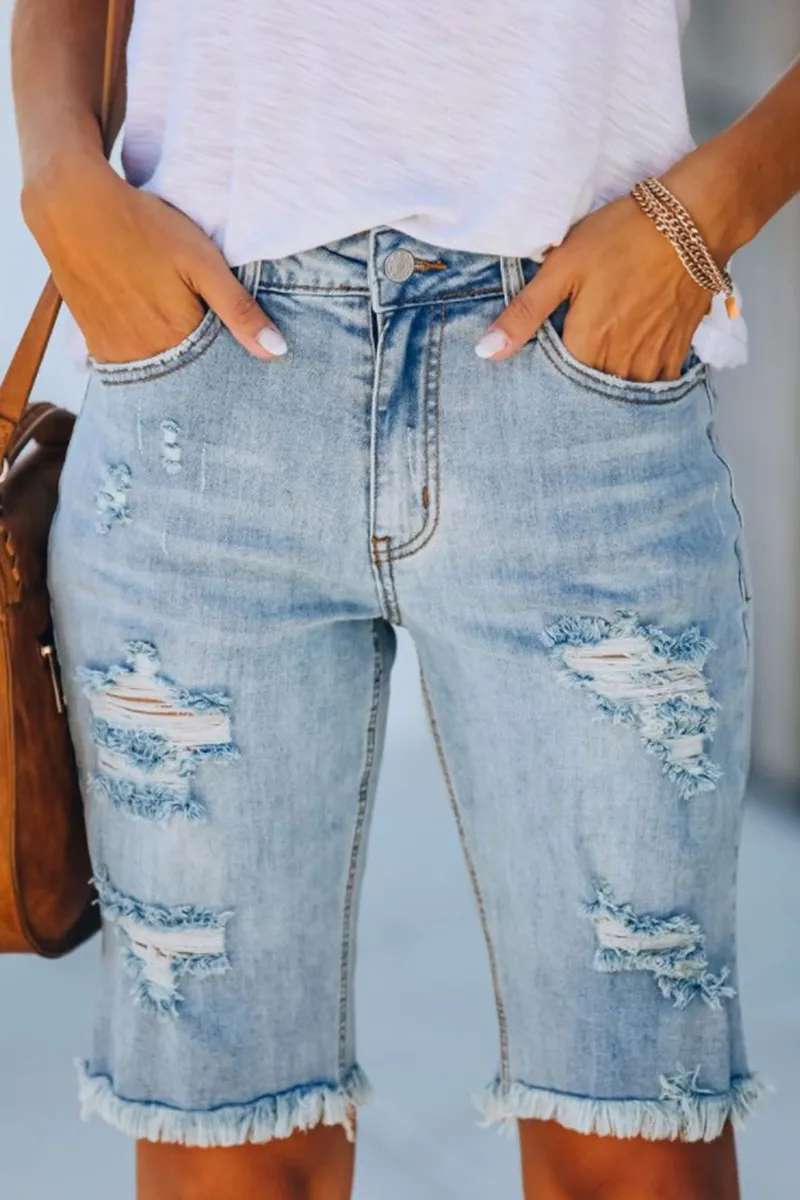 Ripped Raw Hem Denim Bermuda Shorts