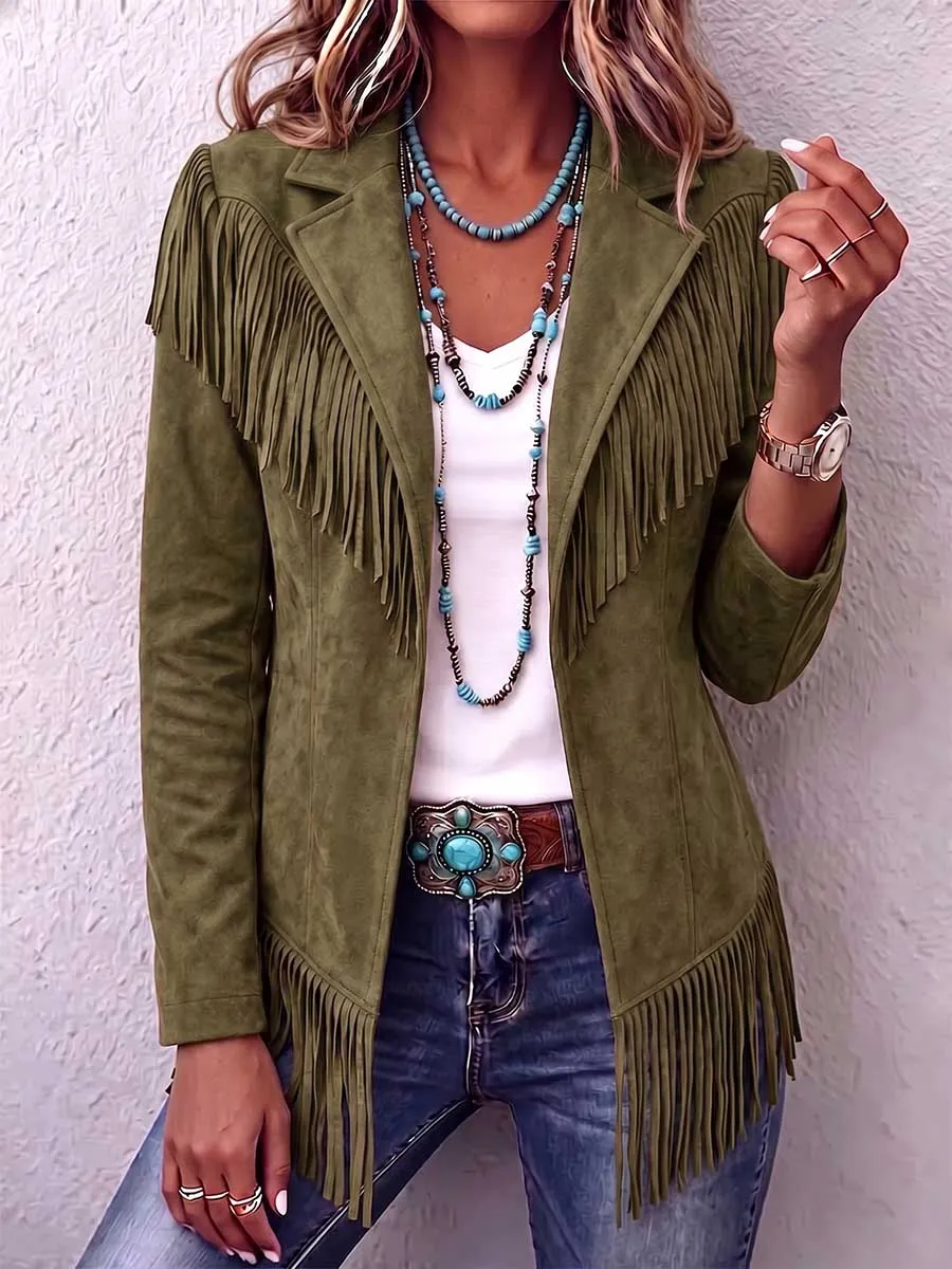 Refined Women S Solid Color Lapel Long-sleeved Casual Loose Tassel Jacket