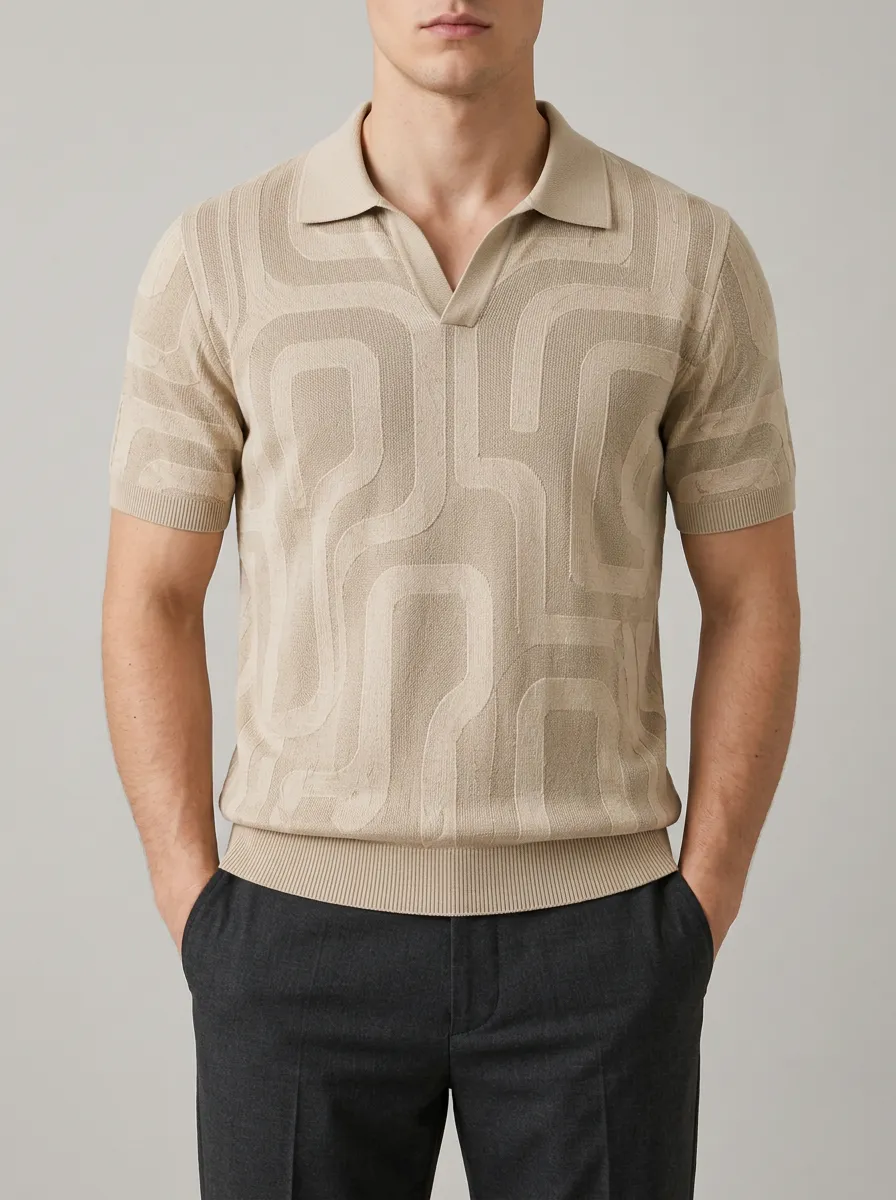 Men's Geometric Jacquard Knit Polo Shirt Featuring Open Collar