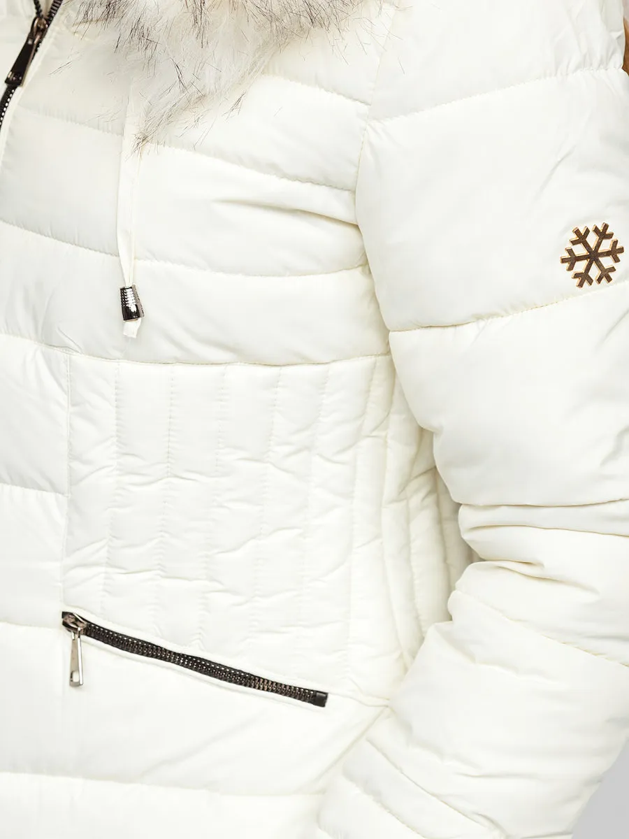 White women's quilted winter jacket with hood
