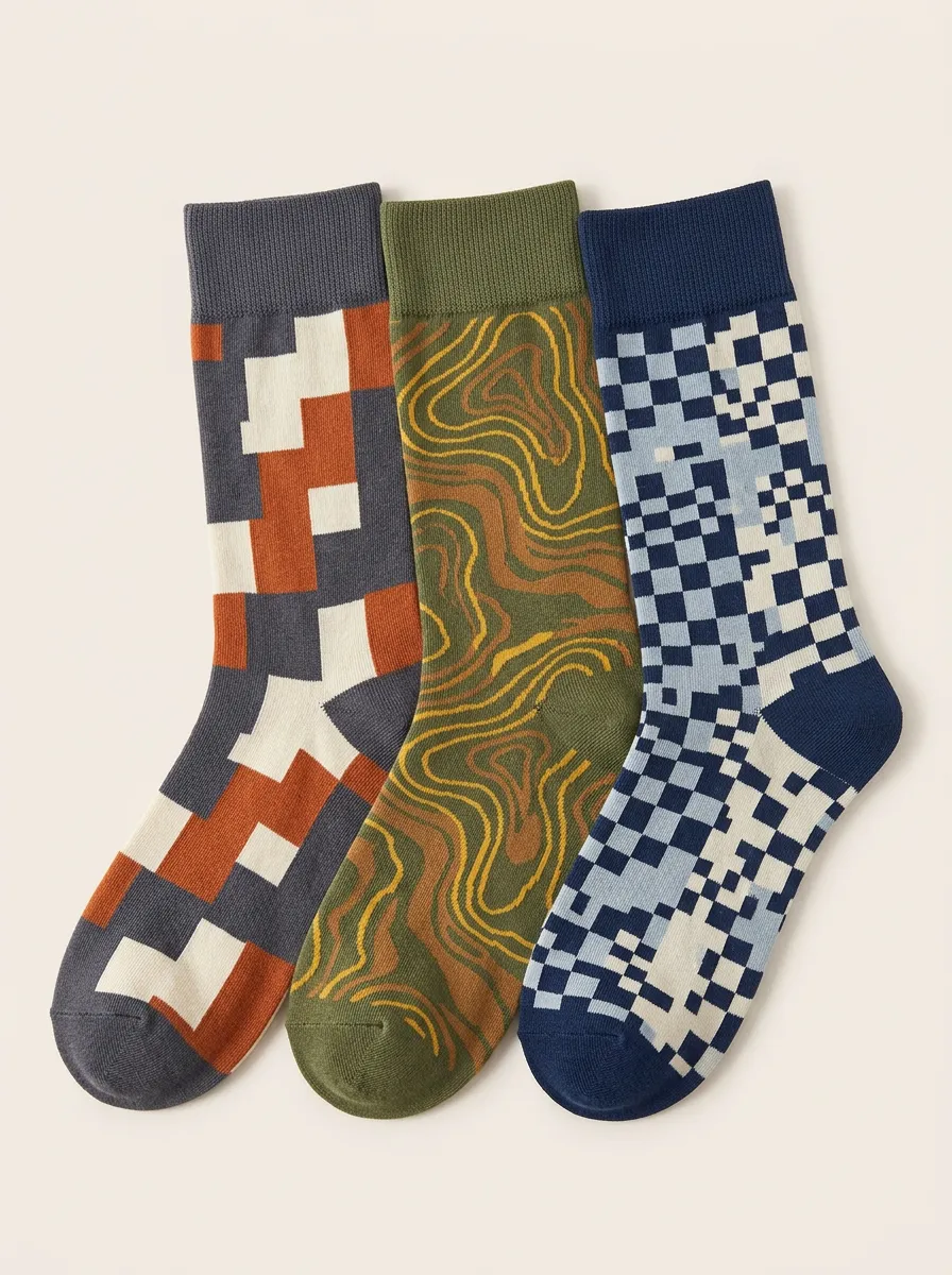 Men's Geometric Abstract Pattern Print Set Includes Pairs Crew-Length 3-Pack Socks
