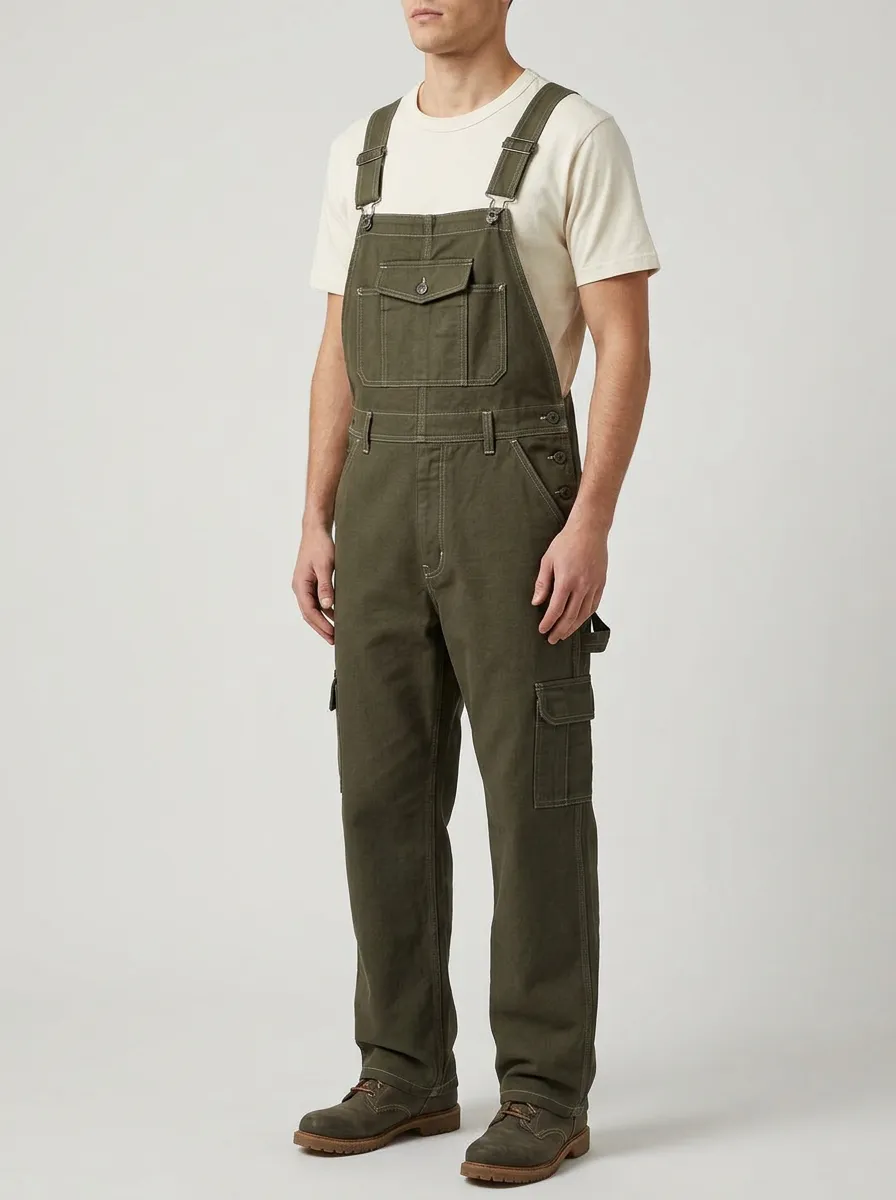 Men's Olive Green Printed Side-Button Cargo Overalls