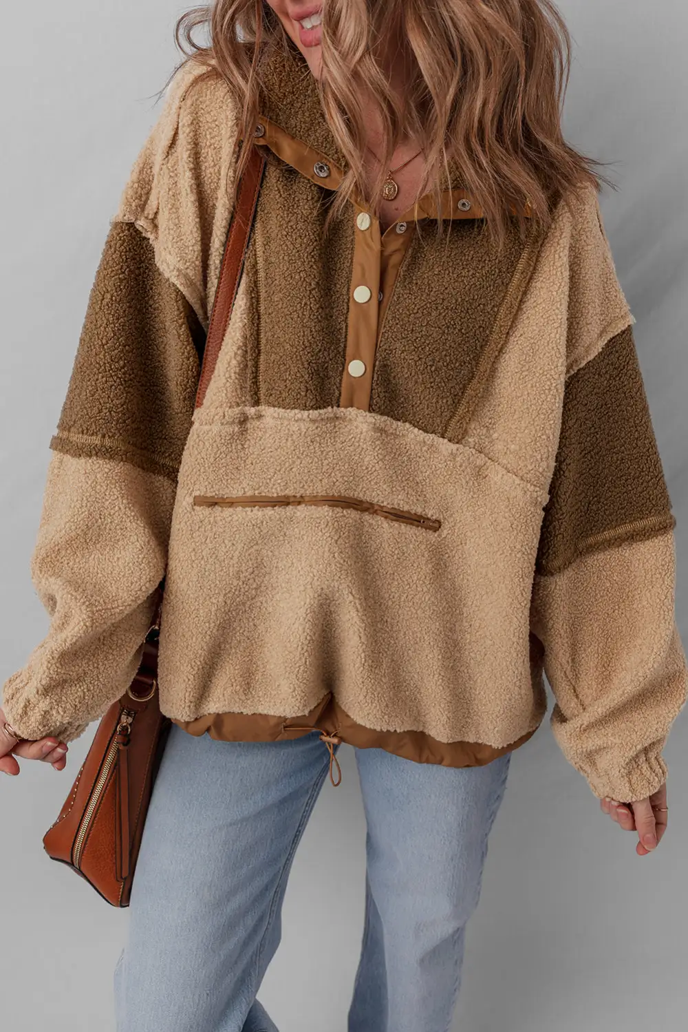 Patchwork Sherpa Half Button Sherpa Sweatshirt