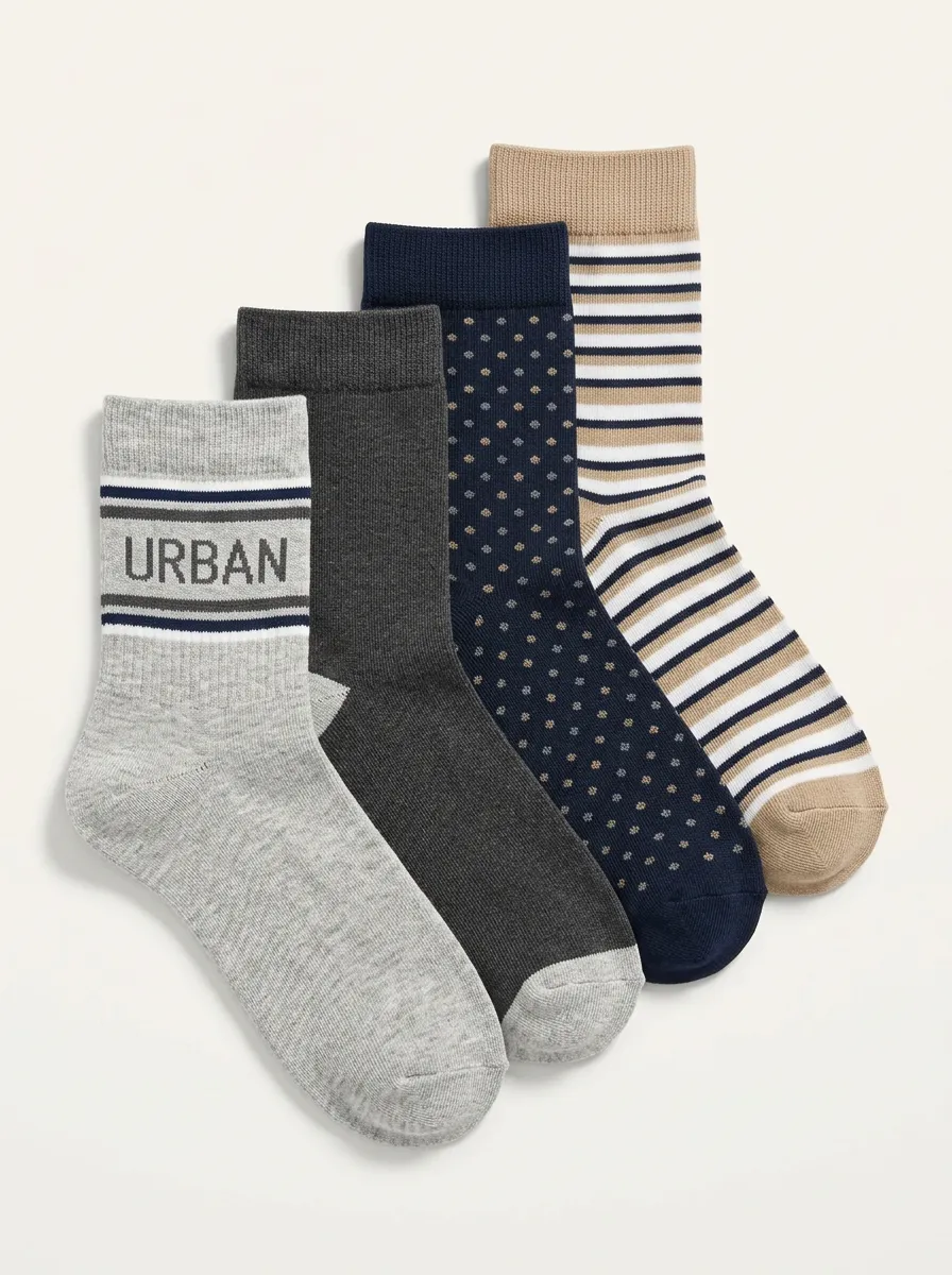 Striped Polka Dot Ribbed Texture Crew Length Men's Crew Socks Four-Pair Pack