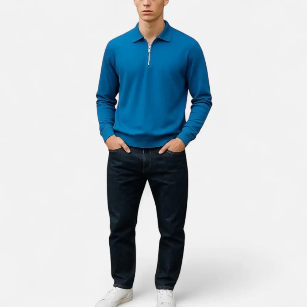 Denim Zip Collar Long Sleeve Polo Shirt