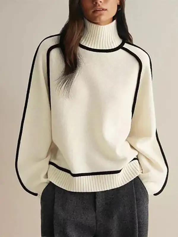 Paneled High Neck Long Sleeve Relaxed Fit Pullover Sweater