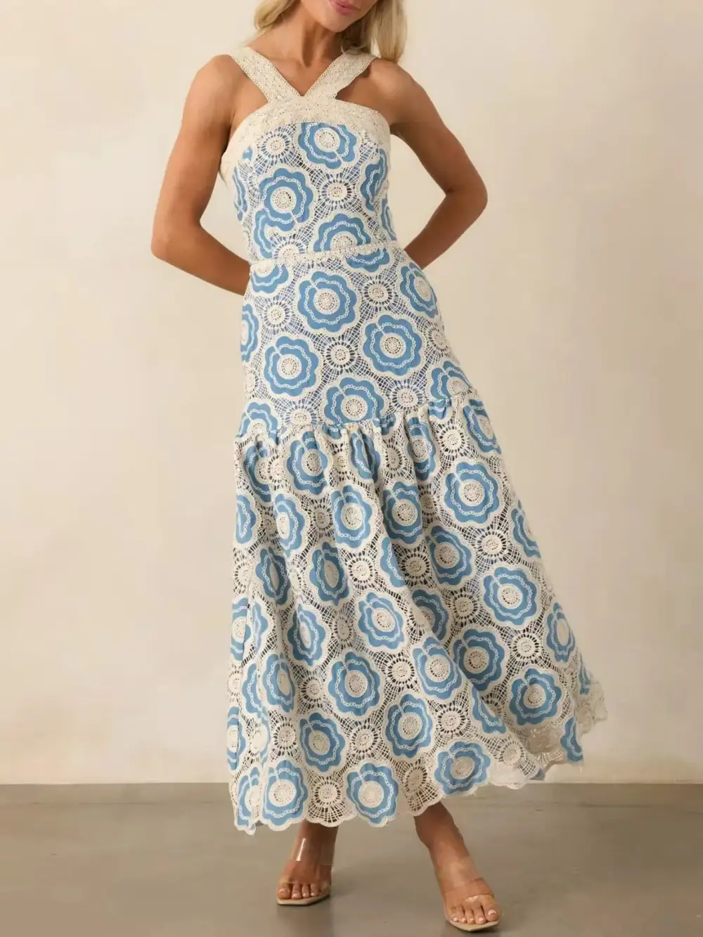 Lace Tiered Sleeveless Midi Dress