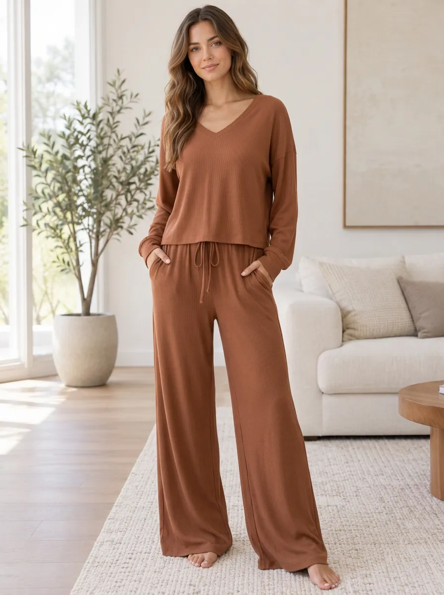 Women's Modern Homewear Ribbed Wide Leg Lounge Co-Ord