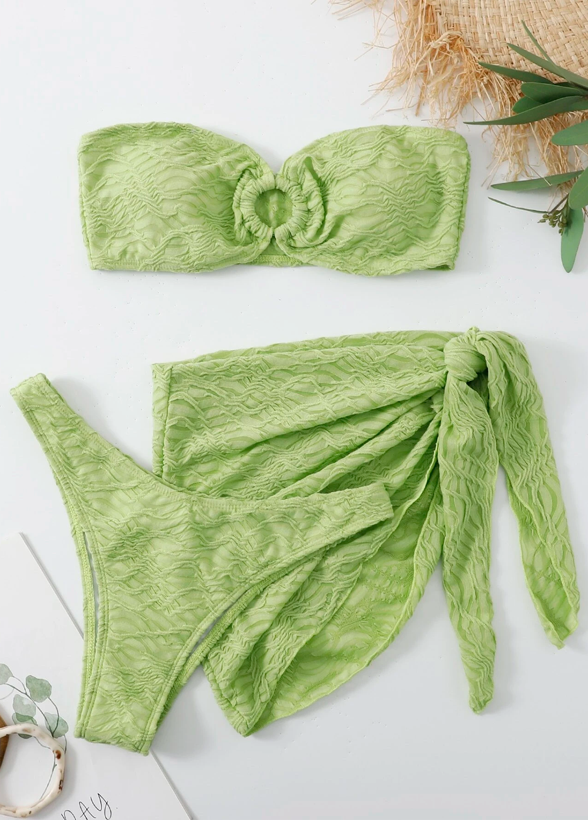 Swim Textured Bikini Set O-Ring Bandeau Bra Top & Bikini Bottom & Skirt 3 Piece Bathing Suit