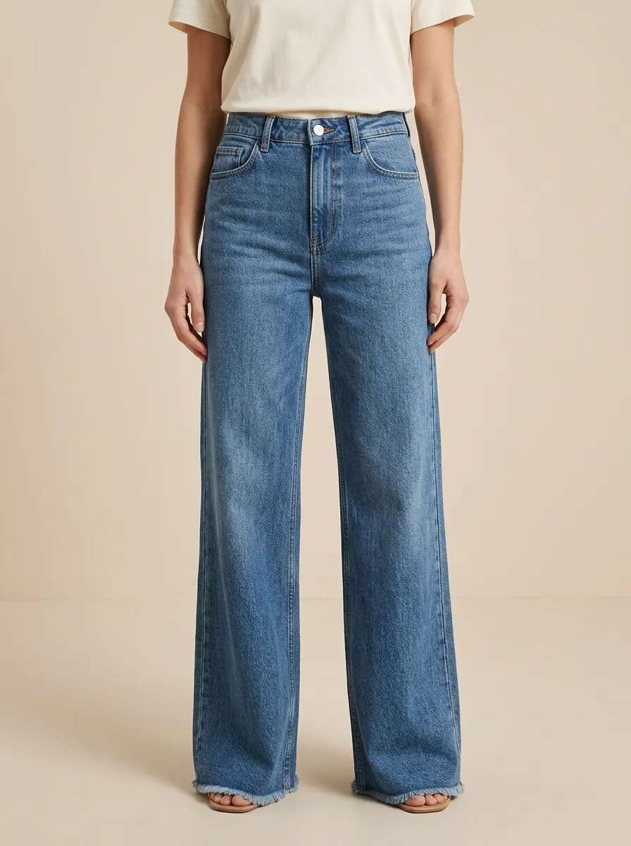 Women's High-Waisted Wide-Leg Raw Hem Denim Jeans